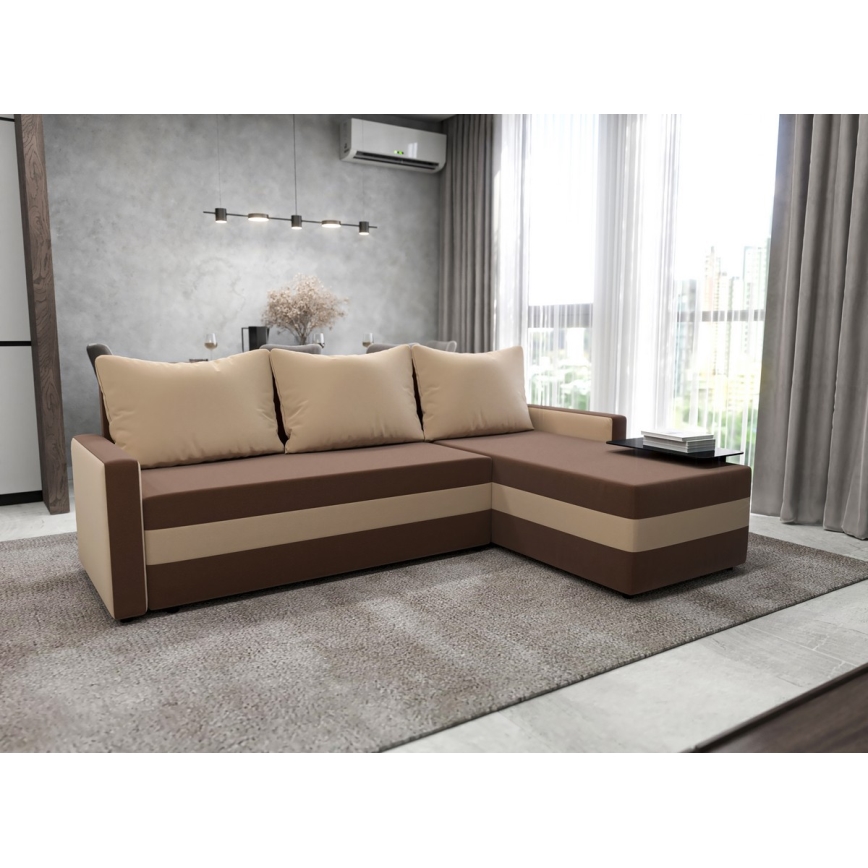 Canapé d'angle universel convertible en L BRISTOL, revêtement en tissu marron/beige