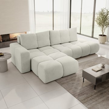 Canapé d'angle rembourré ALMADA convertible en L, version gauche, beige, avec coffre de rangement