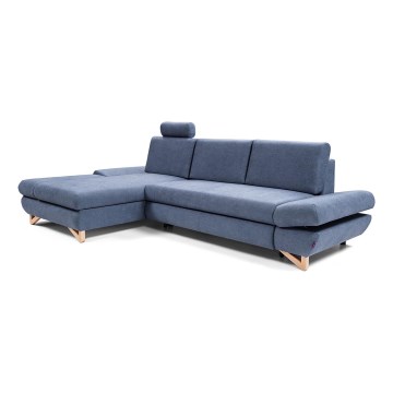 Canapé d'angle rembourré convertible AVESTA en L, version gauche, bleu, avec coffre de rangement intégré