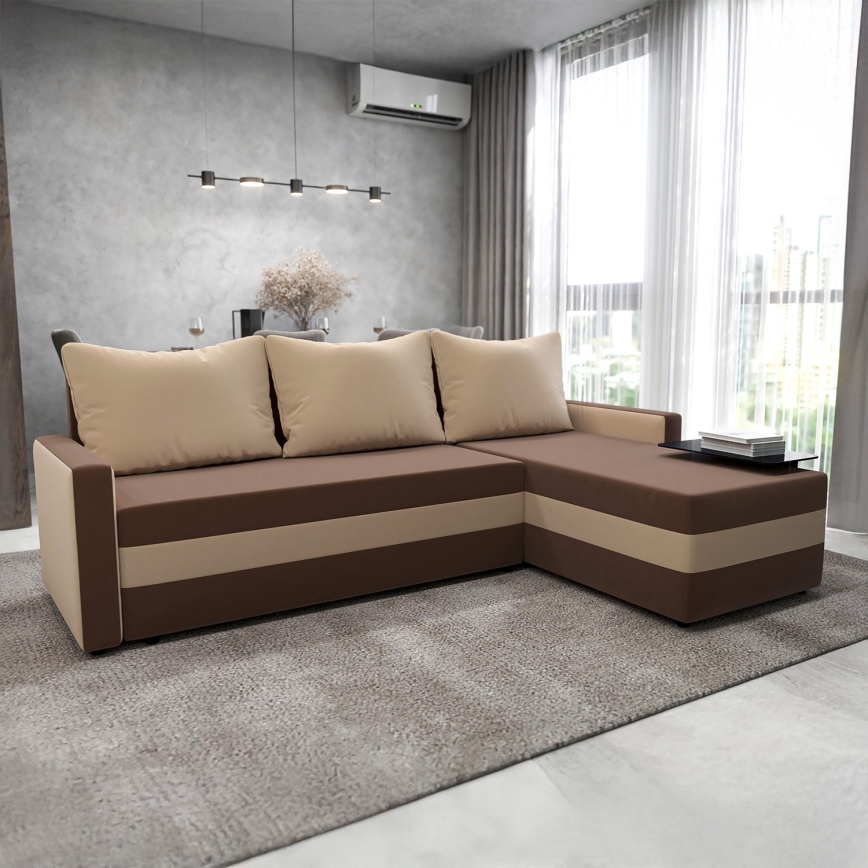 Canapé d'angle universel convertible en L BRISTOL, revêtement en tissu marron/beige