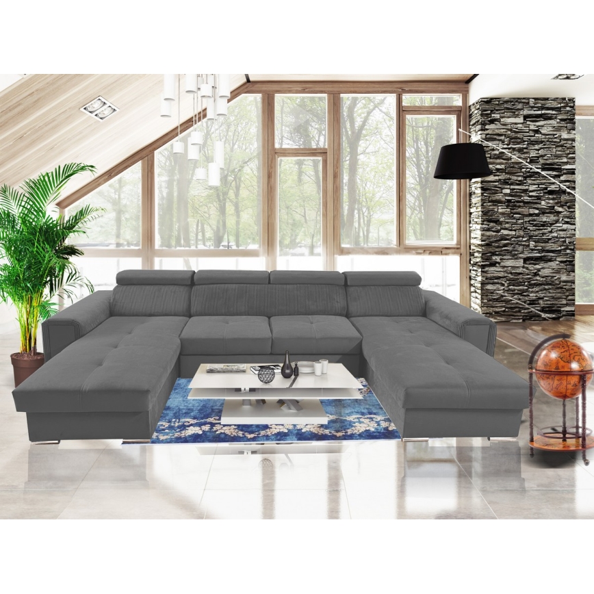 Canapé d'angle convertible en U avec rangement universel SALVADA gris foncé