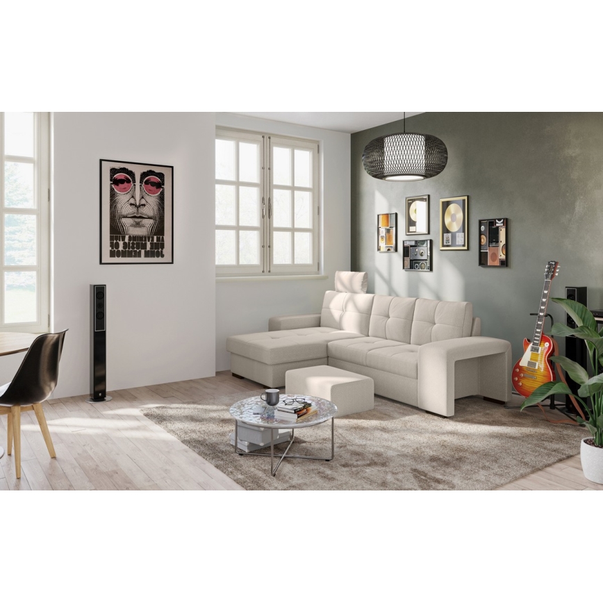 Canapé-lit PALERMO avec coffre de rangement et pouf, gris clair, version gauche