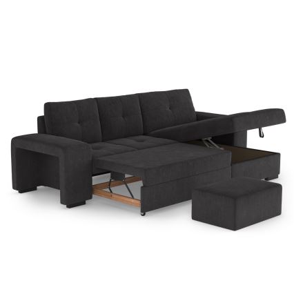 Canapé-lit PALERMO avec coffre de rangement et pouf, noir, version droite