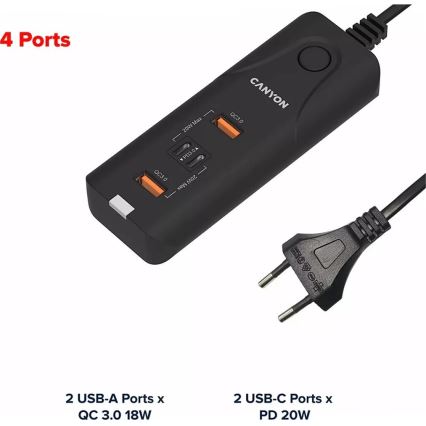 Canyon - Caricatore 2xUSB A + 2xUSB C Power Delivery 20W