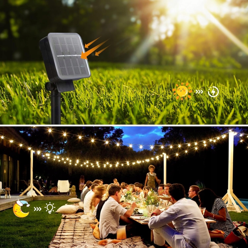 Catena decorativa solare 20 LED, 8 modalità, batteria 500 mAh, 7,6 m, IP67, bianco caldo