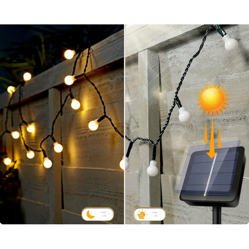 Catena decorativa solare a LED, 50 LED / 8 funzioni, 500 mAh, 9,5 m, IP67, bianco caldo