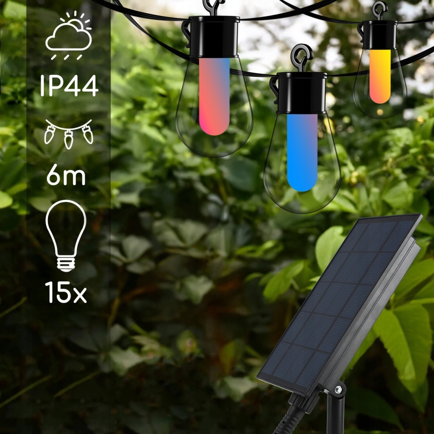 LED RGB dimmerabile solare catena luminosa decorativa 15 LED/18 funzioni USB 6 m IP44 nera + telecomando