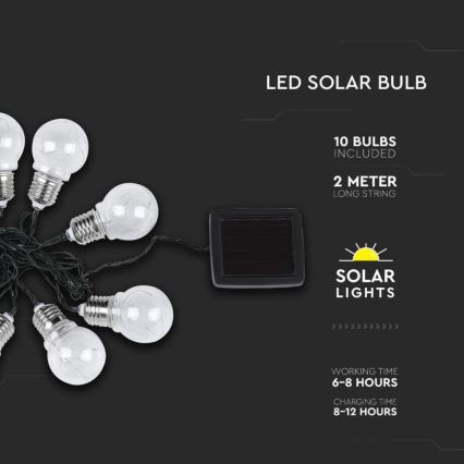Catena LED solare 10xLED/1W/1,2V 1xAA 2 m IP44 3000K 300 mAh