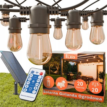 Catena luminosa decorativa solare a LED dimmerabile 20xE27/0,3W/3/5V USB 2400 mAh 20,62 m IP65 nera + telecomando