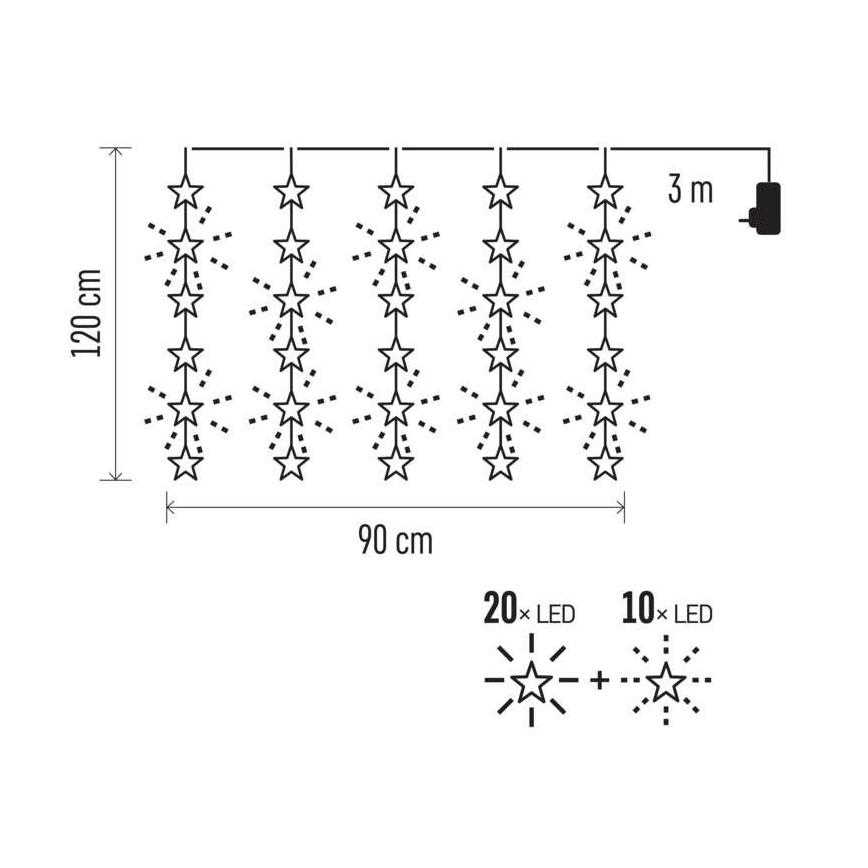 Catena luminosa LED da esterno 30 LED, 3,9 m, IP44, a forma di stelle