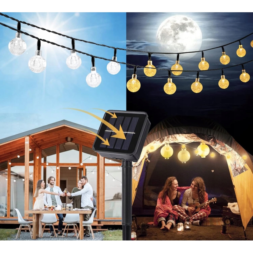 Catena luminosa solare a LED, 50 LED, 8 funzioni, 500 mAh, 9,5 m, IP67, bianco caldo