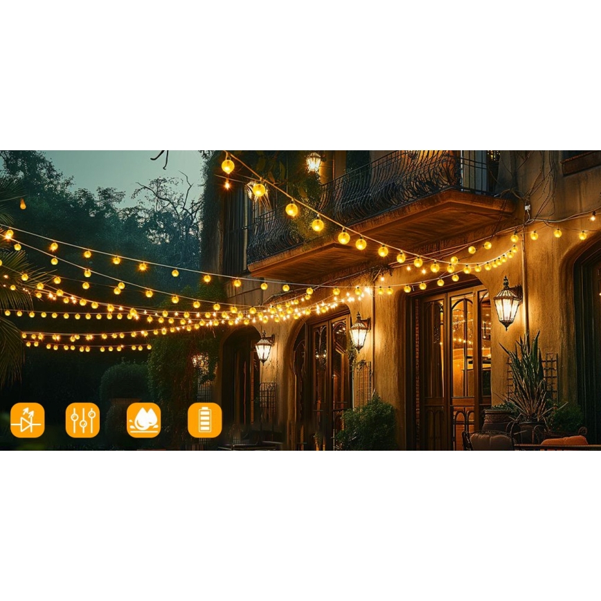 Catena luminosa solare a LED, 50 LED, 8 funzioni, 500 mAh, 9,5 m, IP67, bianco caldo