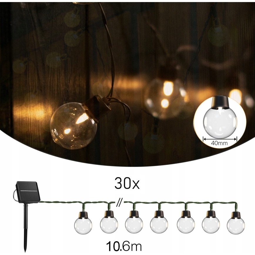 Catena luminosa solare decorativa 30xLED/8 funzioni 500 mAh 10,6 m IP67 bianco caldo