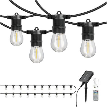 Catena decorativa solare LED dimmerabile STARLIGHT NEO, 20 lampadine E27, 3,7 V, 2700 K, IP54, batteria 2400 mAh, 21,5 m + telecomando