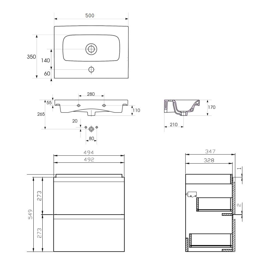 Cersanit S801-229-DSM - Mobile bagno sospeso con lavabo MEDA SLIM 62x50 cm bianco lucido