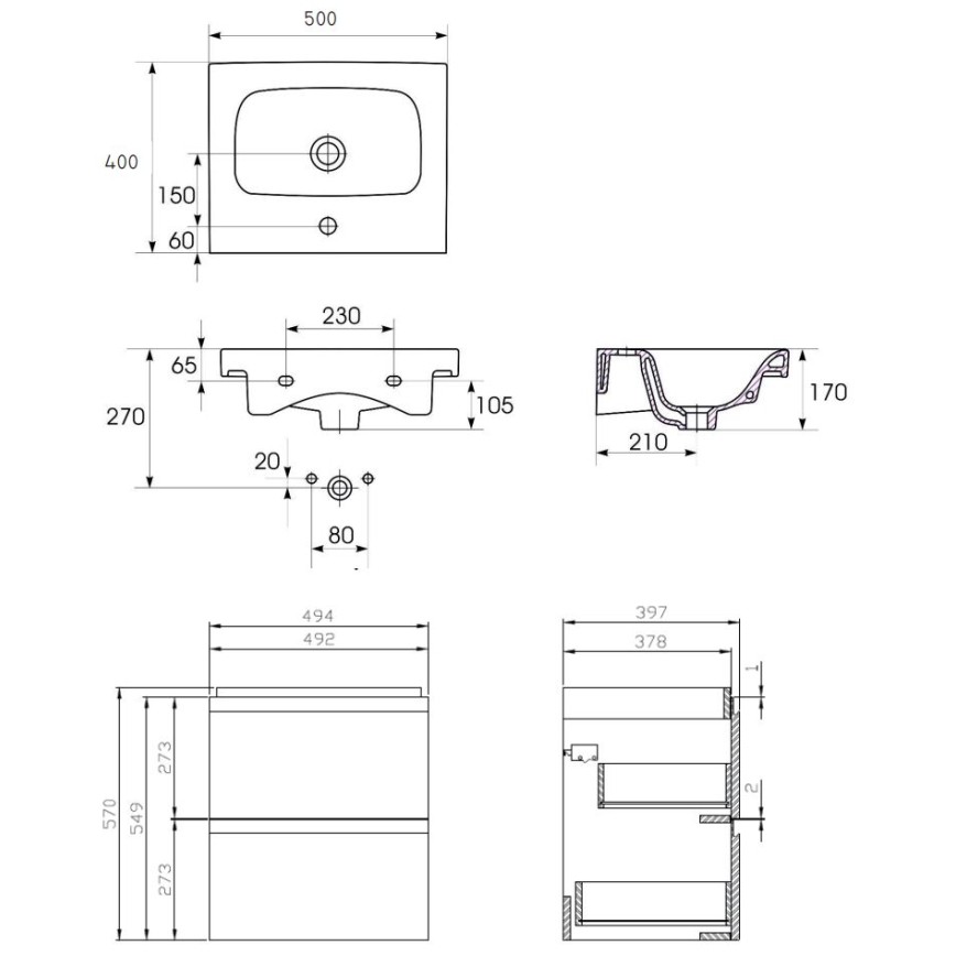 Cersanit S801-230-DSM - Hängender Badunterschrank mit Waschbecken MEDDIE 62x50 cm weiß