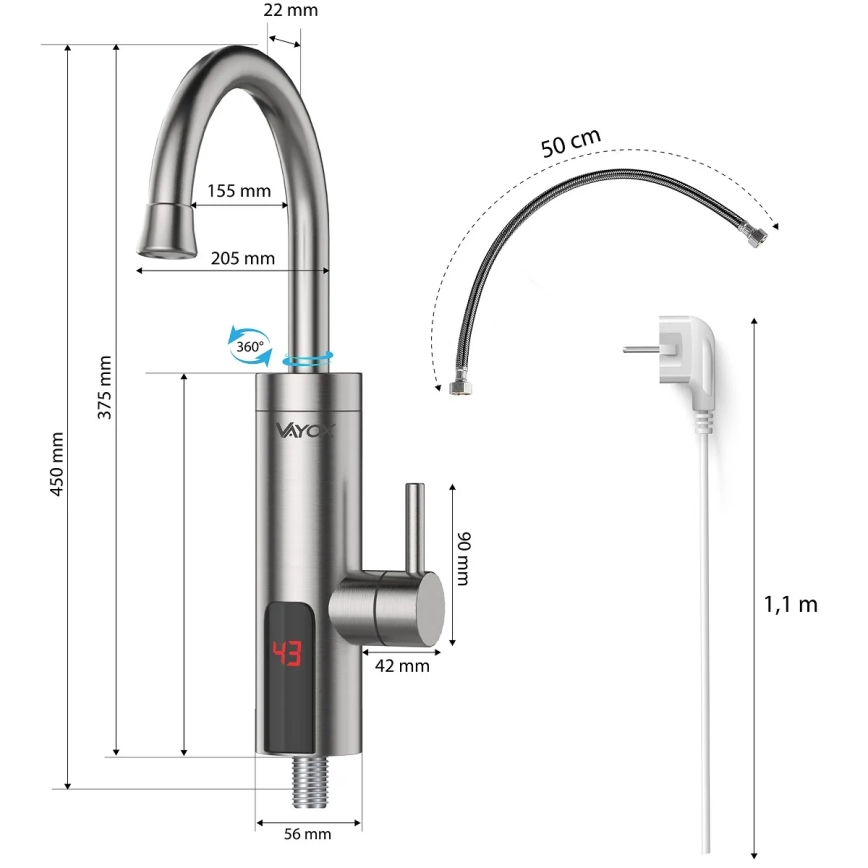 Chauffe-eau instantané avec écran LED 3000W/230V IPX4 acier inoxydable