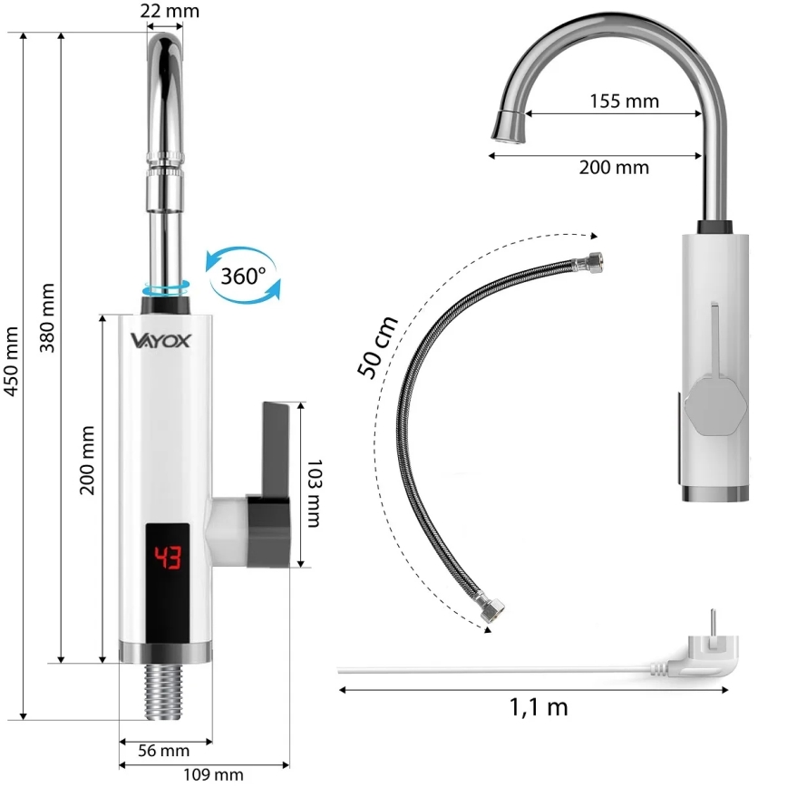 Chauffe-eau instantané avec écran LED 3000W/230V IPX4 blanc