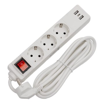 Ciabatta multipresa con interruttore, 3 prese SCHUKO, 2 porte USB-A e 1 porta USB-C, cavo 3 m, bianca
