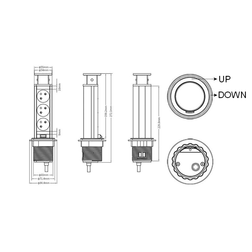 Colonne de prises pour plateau de bureau, 3 x 230 V