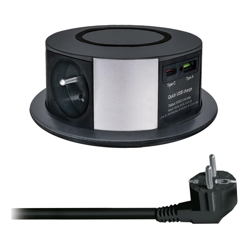 Colonne de prises pour table avec chargeur sans fil Qi 3x230V + 1xUSB-A + 1xUSB-C noir/argent