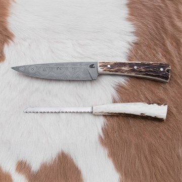 Coltello da caccia in damasco con mini sega 12 cm corno di cervo