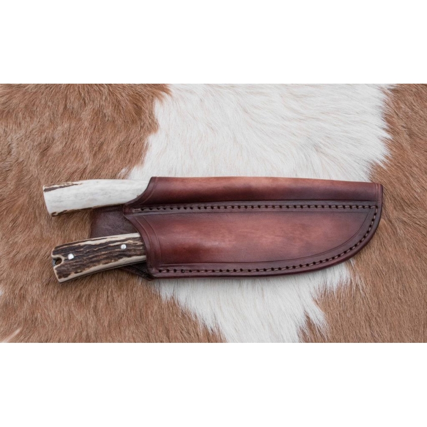 Coltello da caccia in damasco con mini sega 12 cm corno di cervo