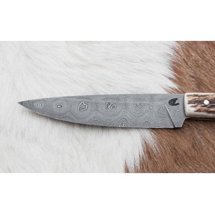 Coltello da caccia in damasco con mini sega 12 cm corno di cervo