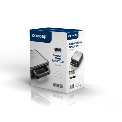 Concept SV3080 - Appareil à croque-monsieur FAMILY 3en1 1200W/230V noir/acier inoxydable
