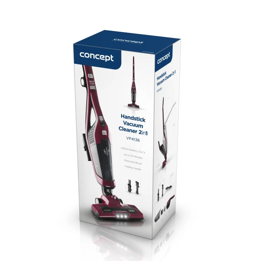 Concept VP4136 - Kabelloser 2-in-1-Stielstaubsauger, 100 W / 22,2 V, 2200 mAh, Rot