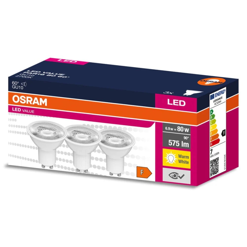 Confezione da 3 lampadine LED PAR16 GU10 6,9W 230V 2700K 60° - Osram