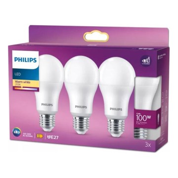 Confezione da 3 lampadine LED Philips A60, attacco E27, 13W, 230V, 2700K