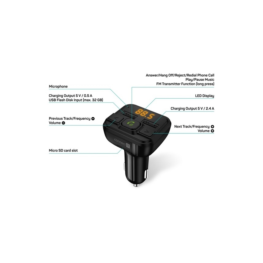 CONNECT IT CCC-8600-BK - Émetteur FM pour voiture avec fonction mains libres noir