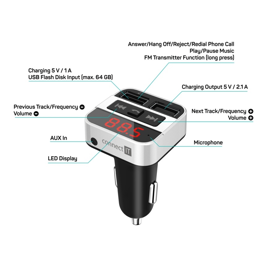 CONNECT IT CCC-8800-SL - FM-Sender fürs Auto mit Freisprechfunktion schwarz/silber