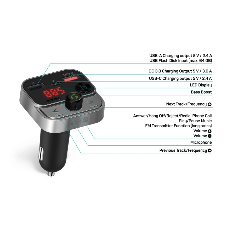 CONNECT IT CCC-8900-AN - Émetteur FM pour voiture avec fonction mains libres noir/argent