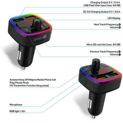 CONNECT IT CCC-9090-BK - LED RGB Émetteur FM pour voiture avec fonction mains libres noir
