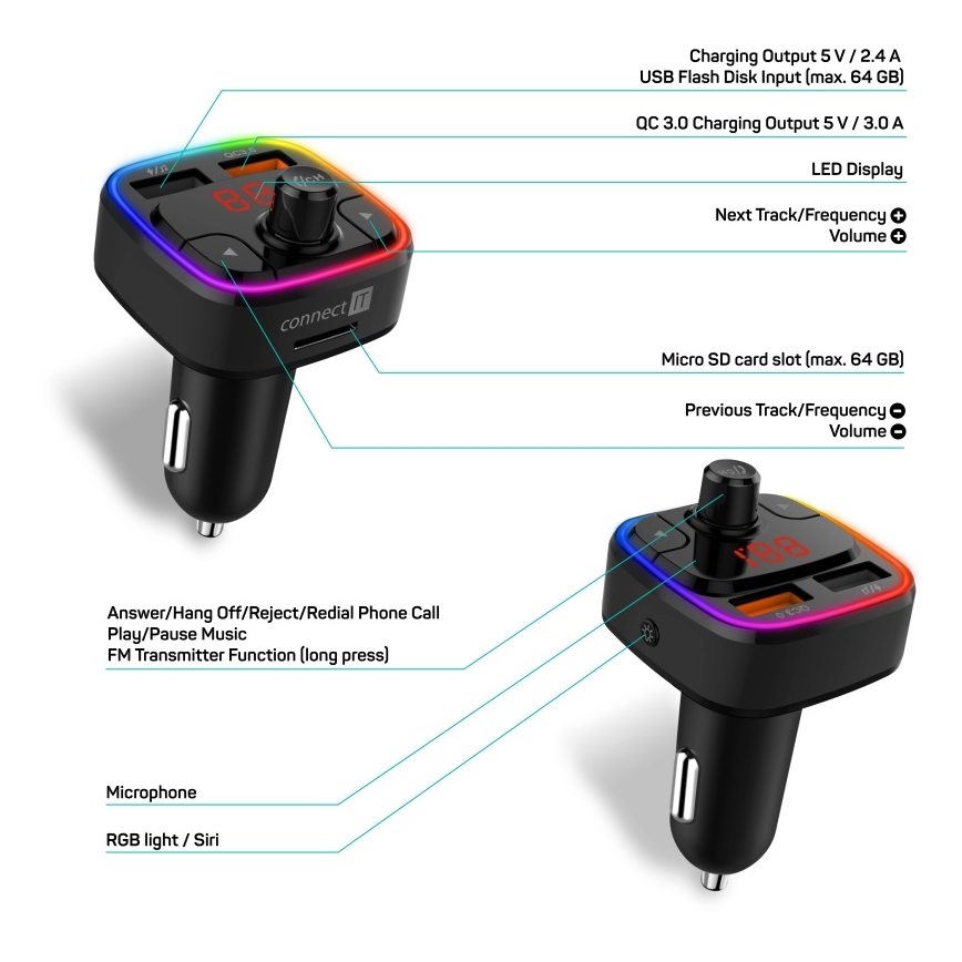 CONNECT IT CCC-9090-BK - LED RGB Émetteur FM pour voiture avec fonction mains libres noir