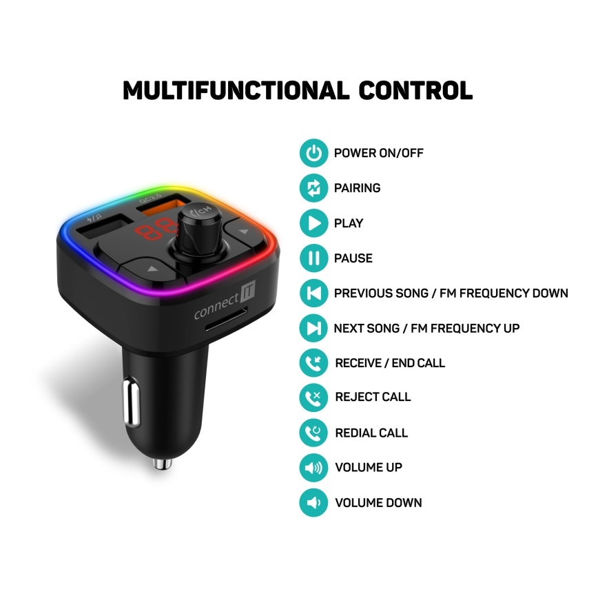 CONNECT IT CCC-9090-BK - LED RGB Émetteur FM pour voiture avec fonction mains libres noir