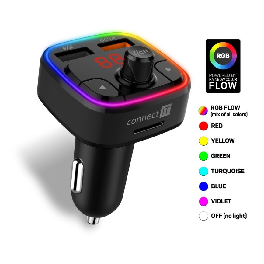 CONNECT IT CCC-9090-BK - LED RGB Émetteur FM pour voiture avec fonction mains libres noir