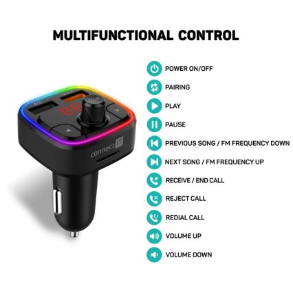 CONNECT IT CCC-9090-BK - LED RGB Trasmettitore FM per auto con funzione vivavoce nero