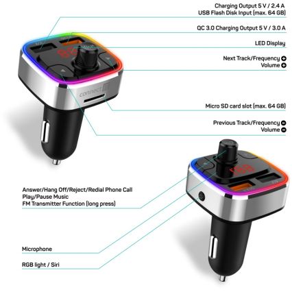 CONNECT IT CCC-9090-SL - LED RGB Émetteur FM pour voiture avec fonction mains libres noir/argent