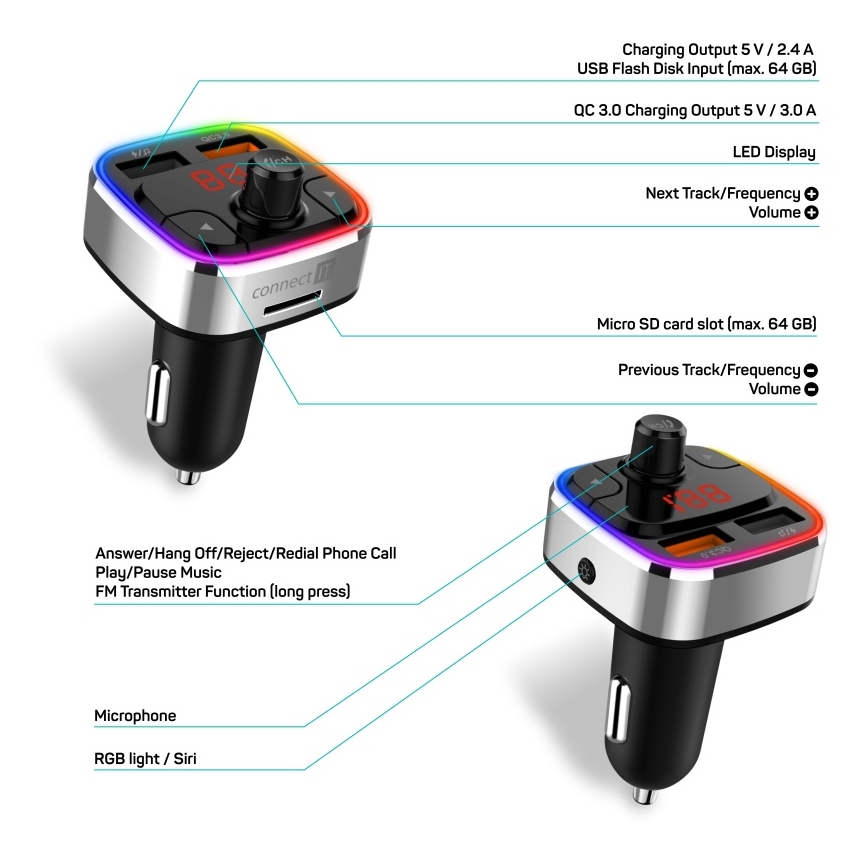 CONNECT IT CCC-9090-SL - LED RGB Émetteur FM pour voiture avec fonction mains libres noir/argent