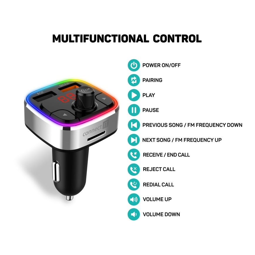 CONNECT IT CCC-9090-SL - LED RGB Émetteur FM pour voiture avec fonction mains libres noir/argent