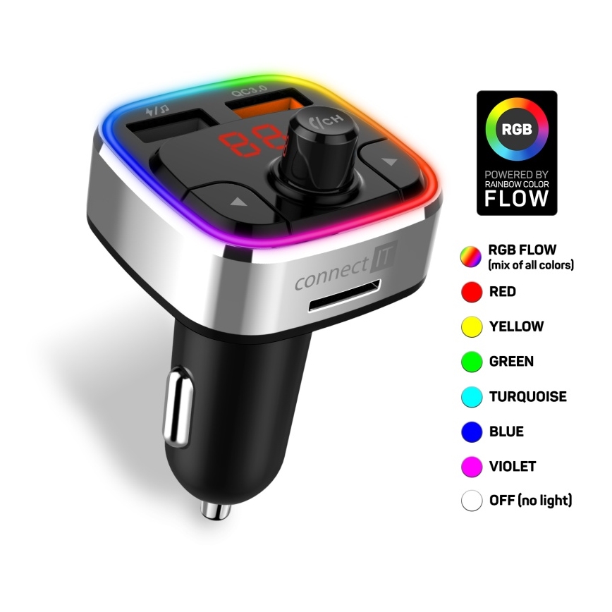 CONNECT IT CCC-9090-SL - LED RGB Émetteur FM pour voiture avec fonction mains libres noir/argent