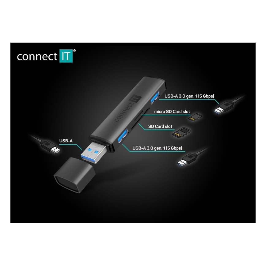 CONNECT IT CHU-4060-AN - USB-A hub con memory card reader 4in1