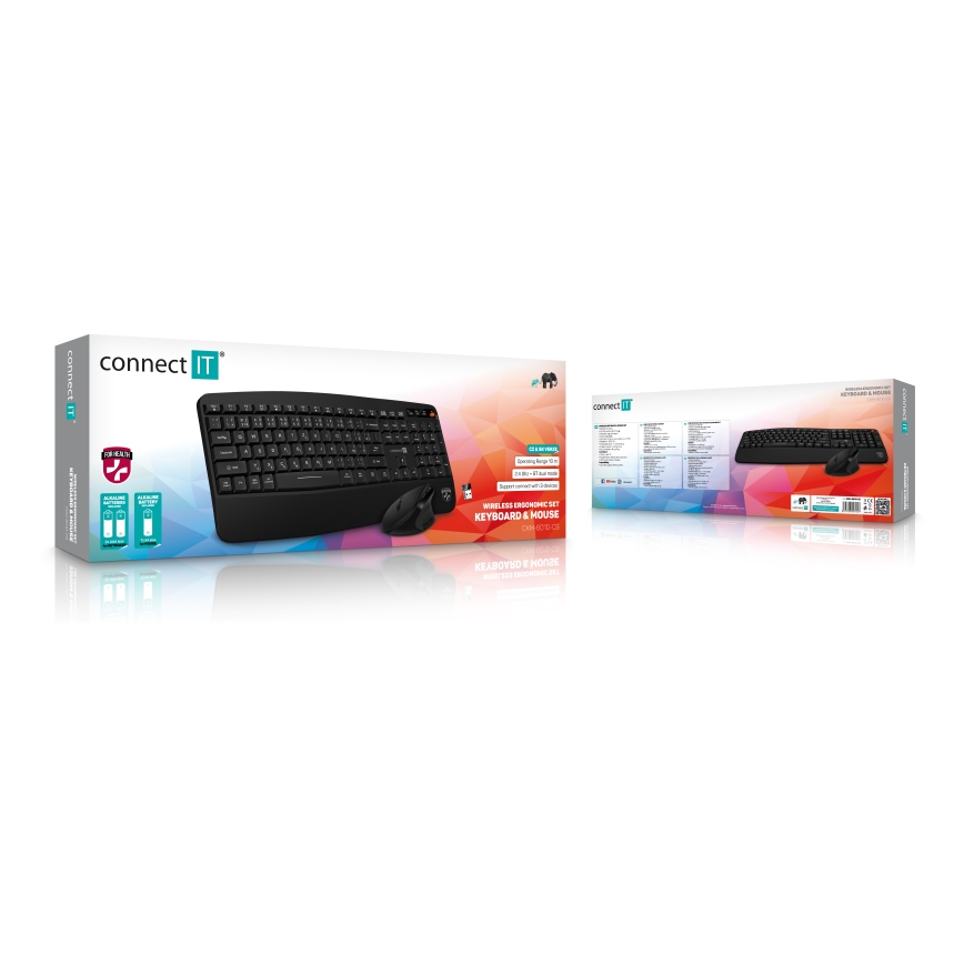 CONNECT IT CKM-6010-CS - Tastiera wireless ergonomica e topo 800/1200/1600/2400 DPI con CZ/SK localization 1xAA + 2xAAA nero