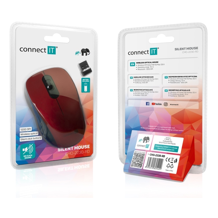 CONNECT IT CMO-2230-RD - Wireless silent topo MUTE 1200 DPI 1xAA nero/rosso