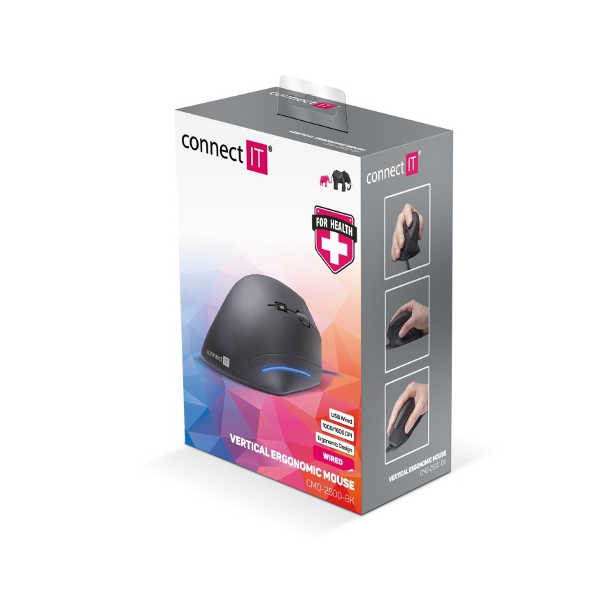CONNECT IT CMO-2500-BK - Ergonomische, kabelgebundene Vertikalmaus Verti Wire, 1000/1600 DPI, schwarz