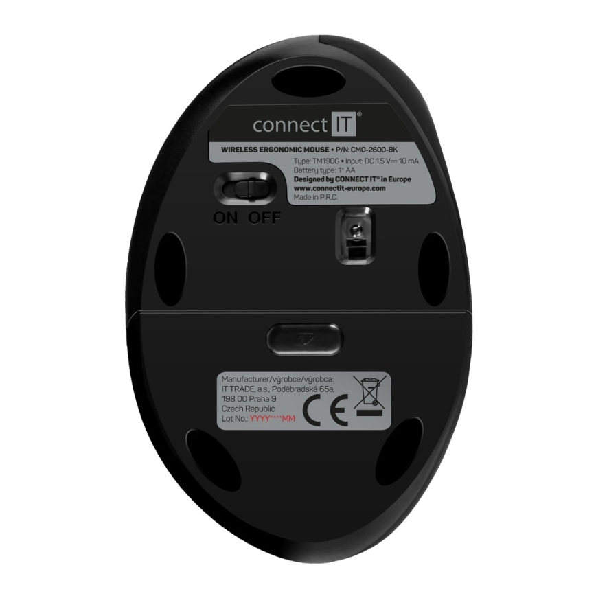 CONNECT IT CMO-2600-BK - Ergonomische kabellose Maus 800/1200/1600 DPI 1xAA schwarz