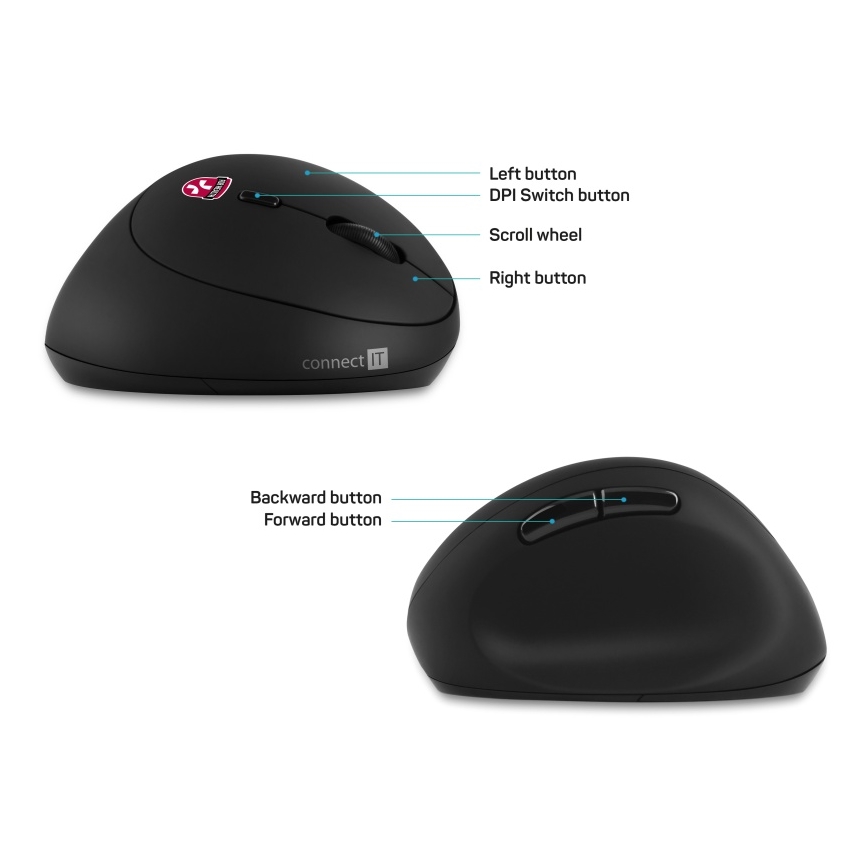 CONNECT IT CMO-2600-BK - Souris sans fil ergonomique 800/1200/1600 DPI, 1 pile AA, noire